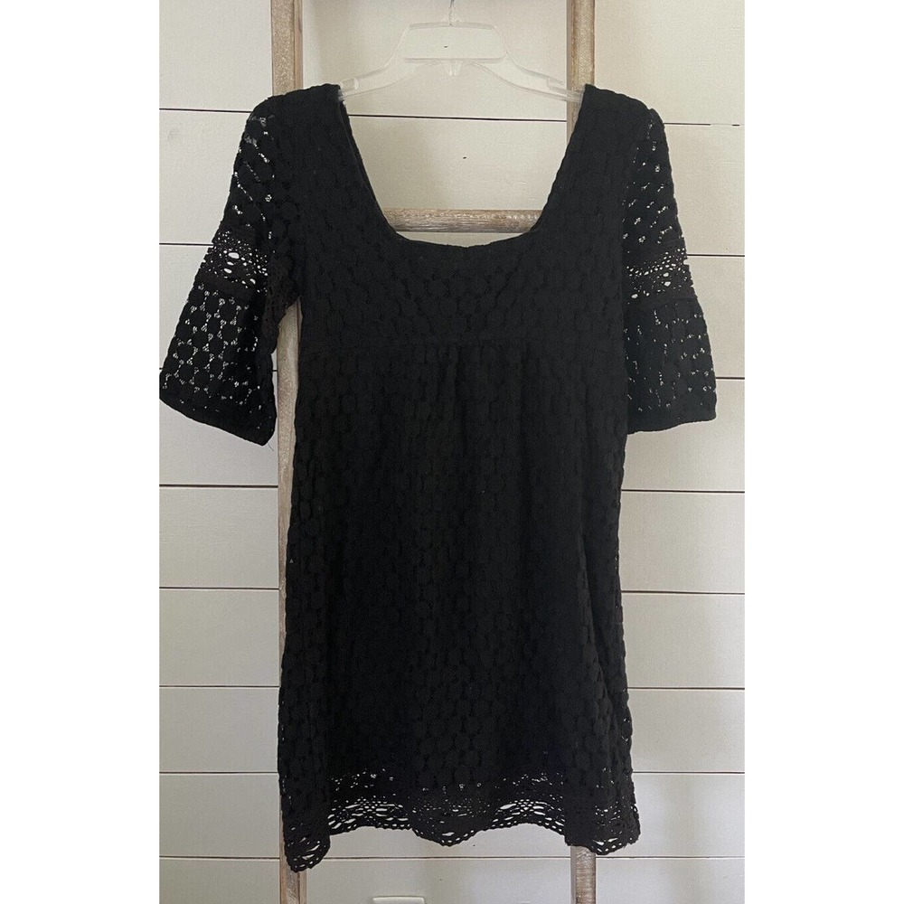SOLITAIRE By Ravi Khosla Black 100% Cotton Crochet Lace Boho Dress Sz S